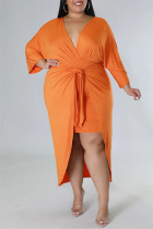 オレンジファッションカジュアルソリッドパッチワークVネック長袖プラスサイズのドレス