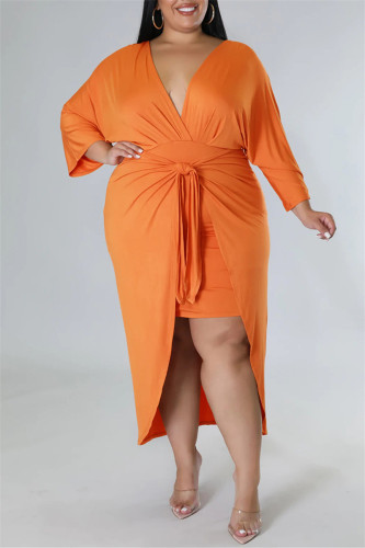 Оранжевые модные повседневные однотонные лоскутные платья с V-образным вырезом и длинными рукавами больших размеров
