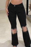 Zwarte sexy straat effen uitgeholde patchwork kettingen hoge taille denim jeans