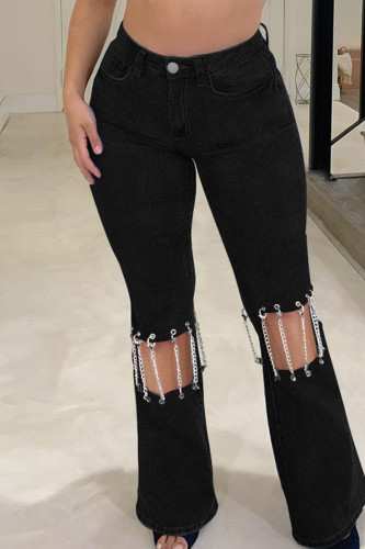 Jeans en denim taille haute à chaînes patchwork évidées solides de rue sexy noir