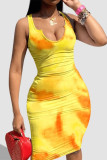 Vestido amarelo fashion sexy plus size estampa tie dye básico com decote em U