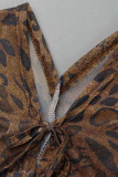 Grå Casual Print Leopard Patchwork V-hals Rak Plus Size Klänningar