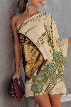 Khaki Fashion Casual Print Patchwork Backless Schrägkragen Unregelmäßiges Kleid