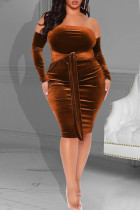 Brown Fashion Sexy Plus Size festes rückenfreies schulterfreies langes Kleid