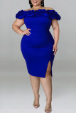 ブルーのセクシーなソリッドパッチワークスリットは、ショルダーワンステップスカートプラスサイズのドレスを折りたたむ