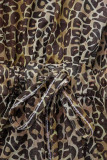 Vestidos amarelos com estampa casual leopardo patchwork decote em V reto plus size