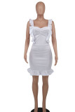 White Sexy Solid Hollowed Out Patchwork Flounce Spaghetti Strap Dresses