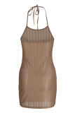 Vestidos de falda de lápiz de correa de espagueti de patchwork sólido sexy marrón