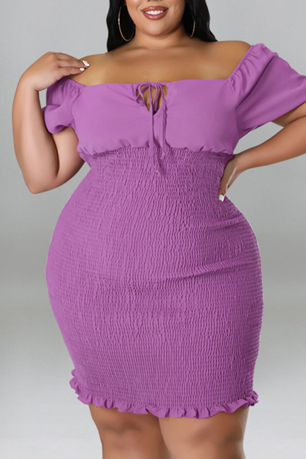 Púrpura sexy sólido patchwork cuello cuadrado falda lápiz vestidos de talla grande