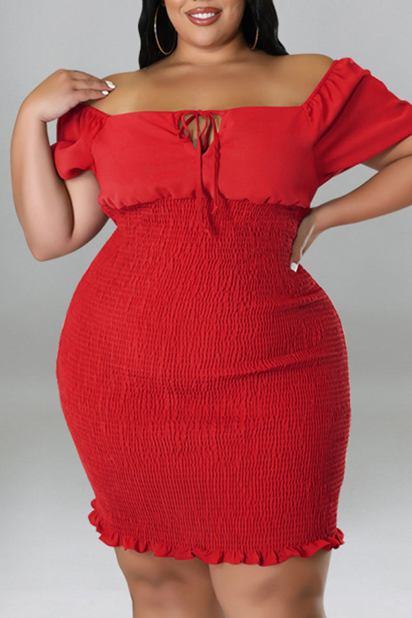 Rojo sexy sólido patchwork cuello cuadrado falda lápiz vestidos de talla grande