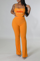 Orange Fashion Print Patchwork Spaghetti Strap ärmellose Zweiteiler