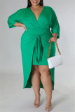 Vestidos verdes moda casual patchwork sólido decote em v manga longa plus size
