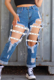 Lichtblauwe sexy straat effen uitgeholde oude patchwork hoge taille denim jeans