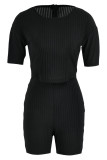 Black Casual Solid Hollowed Out Patchwork O Neck Straight Rompers