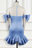 Sky Blue Fashion Sexy Patchwork Beading Asymmetrical O Neck Evening Dress