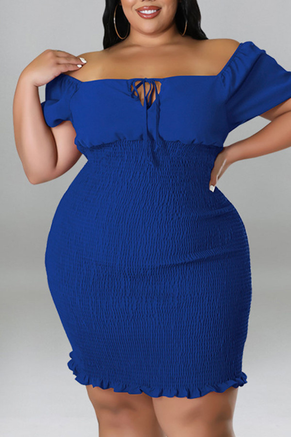 Blauwe sexy effen patchwork vierkante kraag kokerrok plus size jurken