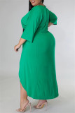 Groene mode casual effen patchwork V-hals lange mouwen plus size jurken
