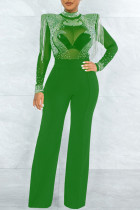 Grüne Mode Sexy Patchwork Tie Dye Durchsichtiger halber Rollkragenpullover Regular Jumpsuits