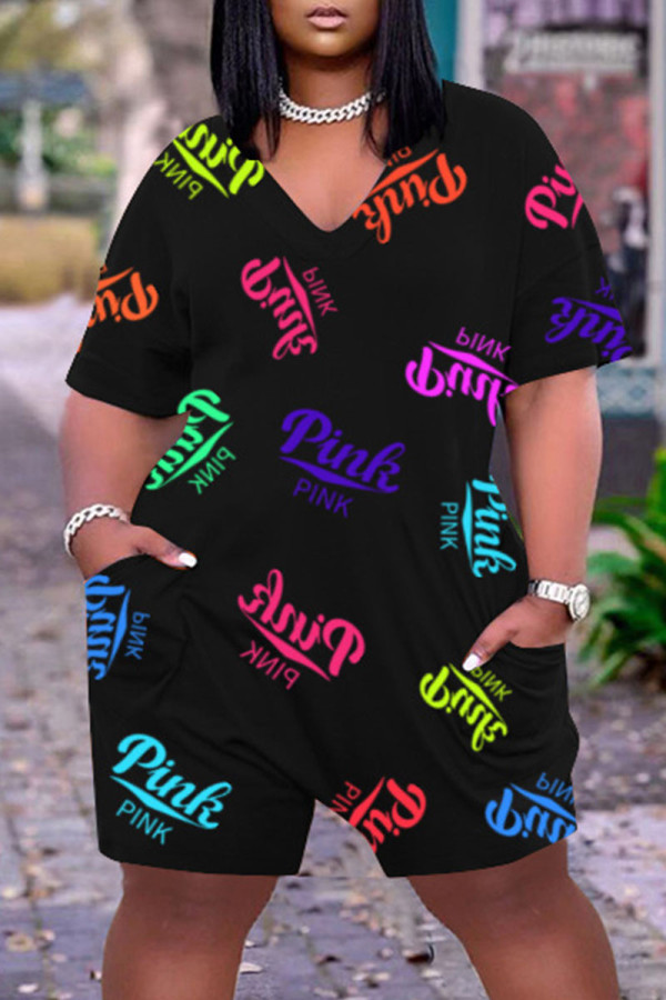 Macacão preto moda casual estampa de letras patchwork decote em v regular