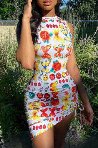 White Fashion Sexy Print Bandage Backless O Neck Sleeveless Dress