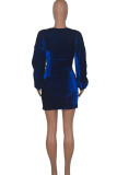 Vestidos de saia de um passo azul elegante com pregas de retalhos assimétricos decote em V