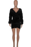 Burgundy Elegant Solid Patchwork Fold Asymmetrical V Neck One Step Skirt Dresses