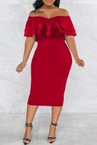 ブルゴーニュファッションカジュアルソリッドパッチワークバックレスオフショルダー半袖ドレス