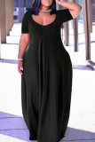 Schwarzes, modisches, lässiges, festes Patchwork-Kleid mit V-Ausschnitt und kurzen Ärmeln in Übergröße