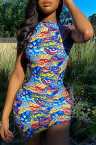 Синее модное сексуальное платье с принтом без рукавов и открытой спиной с круглым вырезом