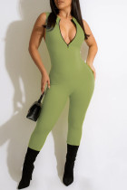 Grönt Mode Casual Solid Patchwork Skinny Jumpsuits med blixtlåskrage