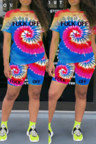 Rouge Fashion Casual Print Tie-dye O Neck Short Sleeve Two Pieces