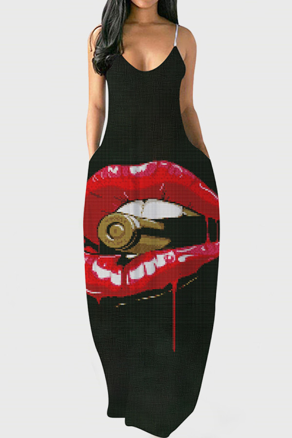 Schwarzes Mode-reizvolles Druck-rückenfreies Sling-Kleid mit V-Ausschnitt