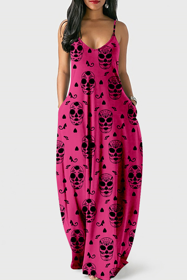 Rose Red Fashion Sexy Skull Head Print Backless Spaghetti Strap Langes Kleid
