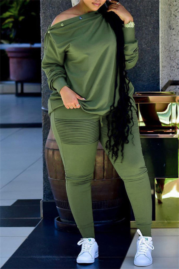 Verde militare moda casual tinta unita colletto obliquo manica lunga due pezzi