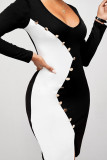 Vestidos saia lápis preto e branco sexy de patchwork sólido decote em V