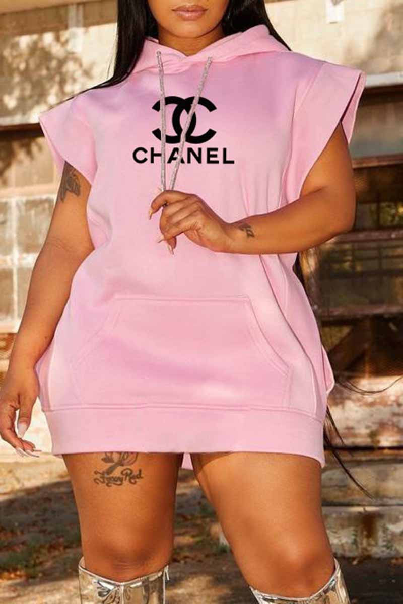 

Pink Fashion Casual Print Letter Hooded Collar One Step Skirt Dresses