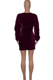 Burgundy Elegant Solid Patchwork Fold Asymmetrical V Neck One Step Skirt Dresses