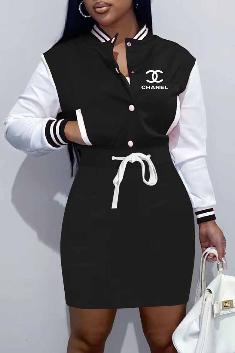 

Black Fashion Casual Print Patchwork Letter Mandarin Collar One Step Skirt Dresses