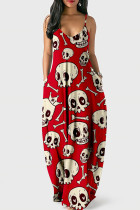 Red Fashion Sexy Skull Head Print Backless Spaghetti Strap Long Dress