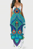 Tibetanskt blått mode sexigt tryck rygglös spaghettirem lång klänning