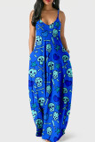 Blauwe mode sexy schedel hoofd print backless spaghetti band lange jurk