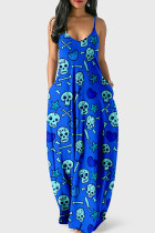 Blauwe mode sexy schedel hoofd print backless spaghetti band lange jurk