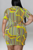 グリーンカジュアルプリントパッチワークバックルターンダウンカラーシャツドレスプラスサイズのドレス