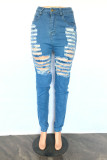 Königsblaue, modische, lässige, feste, zerrissene Patchwork-Jeans mit hoher Taille