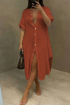 Tangerine Red Модное повседневное однотонное лоскутное платье-рубашка с отложным воротником