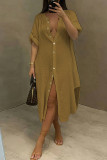 ローズレッドファッションカジュアルソリッドパッチワークターンダウンカラーシャツドレス