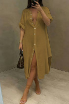 ディープコーヒーファッションカジュアルソリッドパッチワークターンダウンカラーシャツドレス