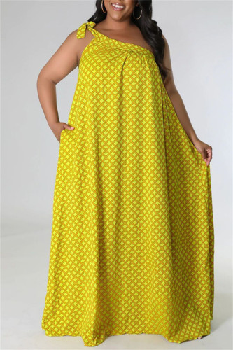 Желтое модное сексуальное платье большого размера с принтом и повязкой на спине с косым воротником без рукавов