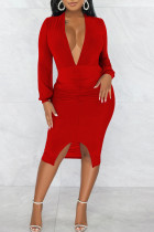 赤のセクシーなソリッドパッチワークスリットVネック長袖ドレス