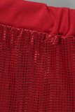 Gola de abertura básica vermelha moda casual bronzeado manga curta duas peças
